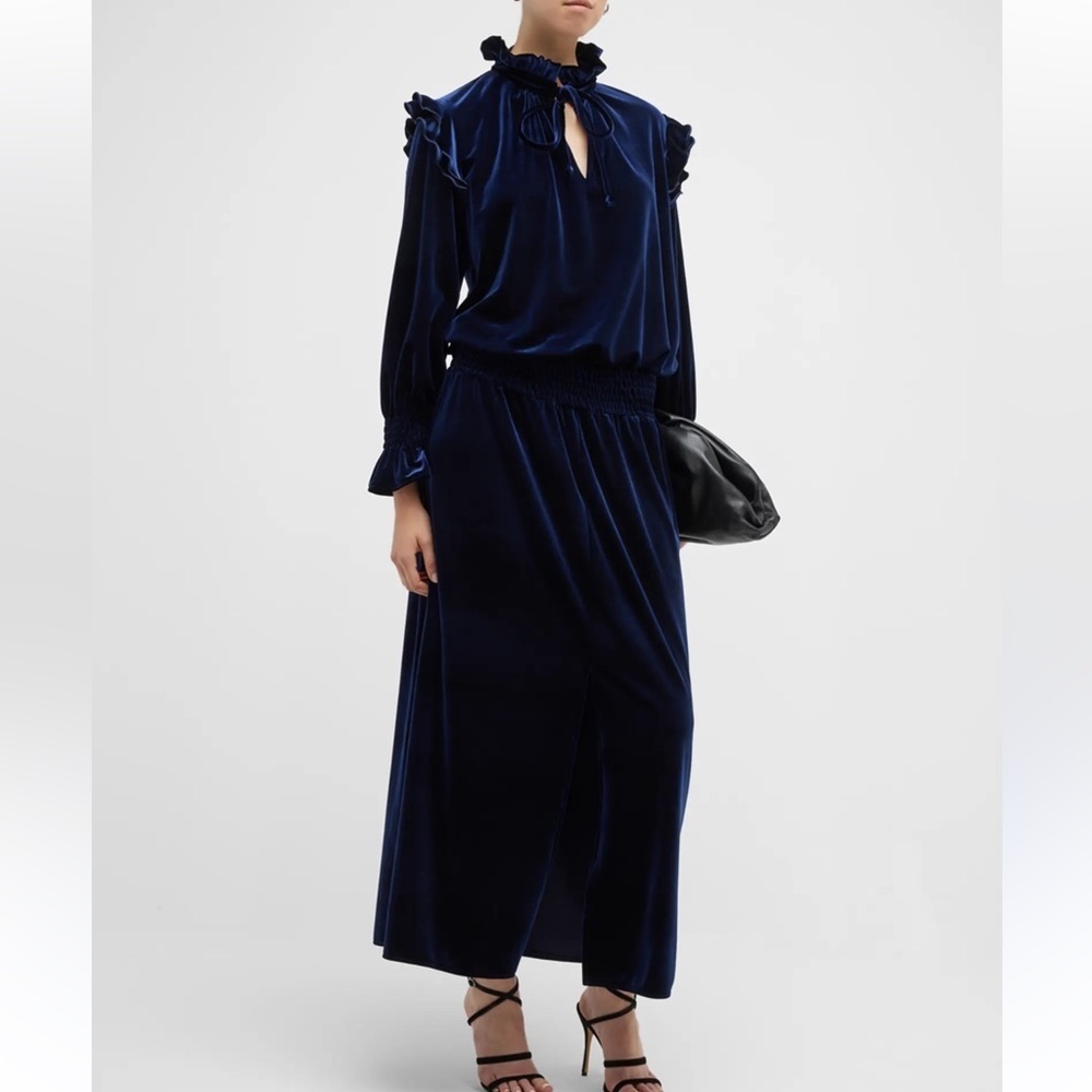 Finley Mary Jane Black Velvet Smocked Waist Ruffle Midi Dress Sz 2X